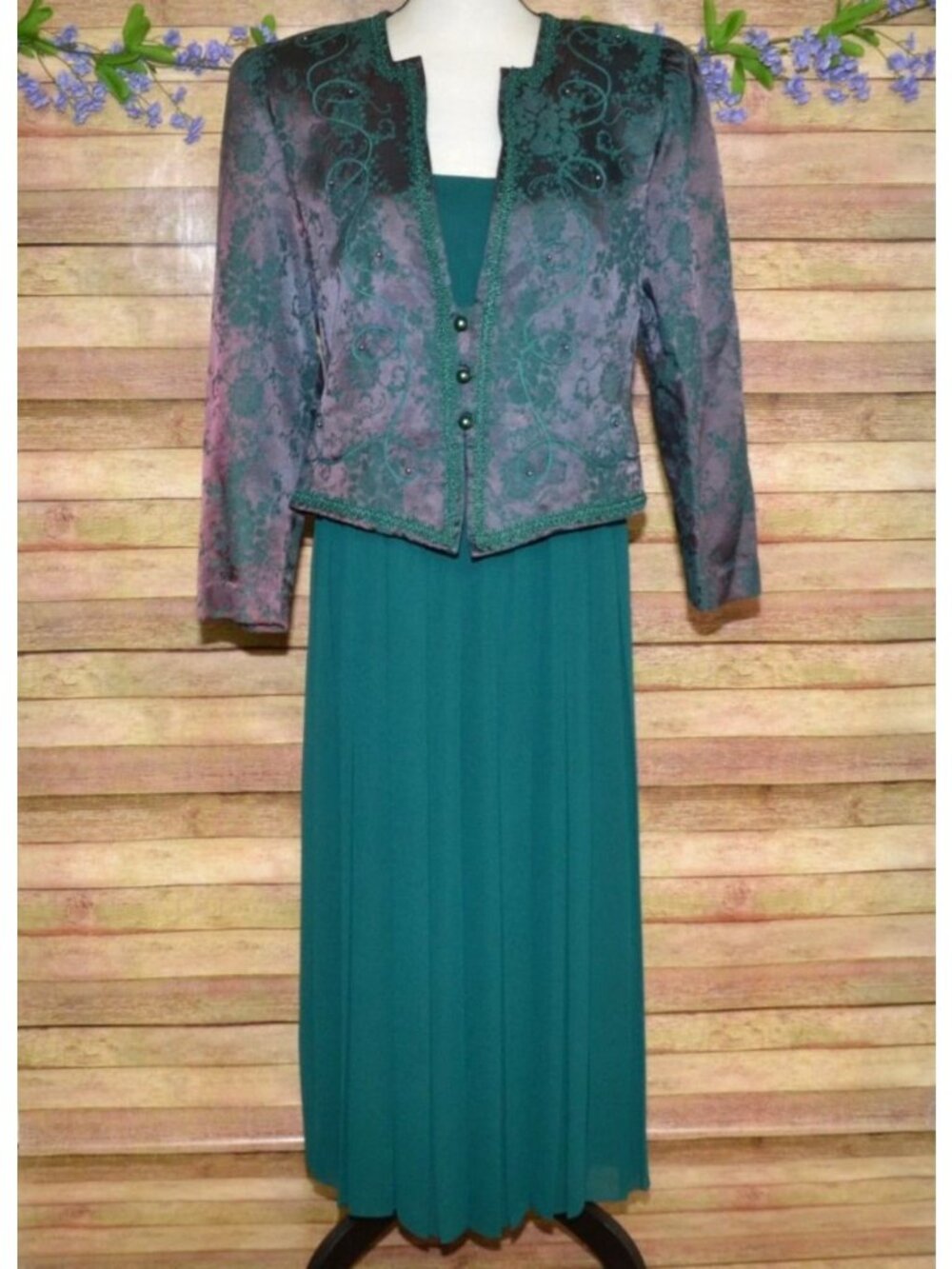Vintage Nah Nah Collection Green Jacket & Maxi Dress Size M Jacquard Embroidered